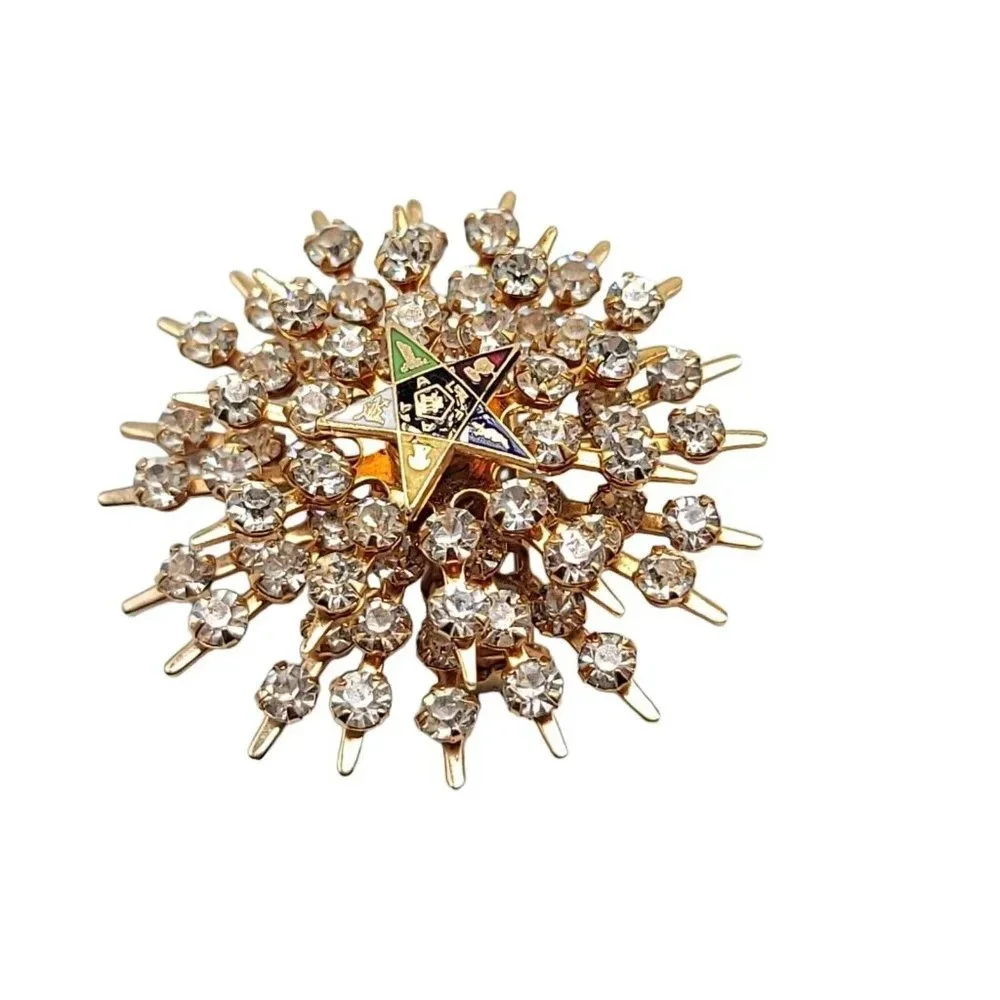 Gold Tone Rhinestone Cluster Enamel Eastern Star Masonic Brooch Pin Vintage